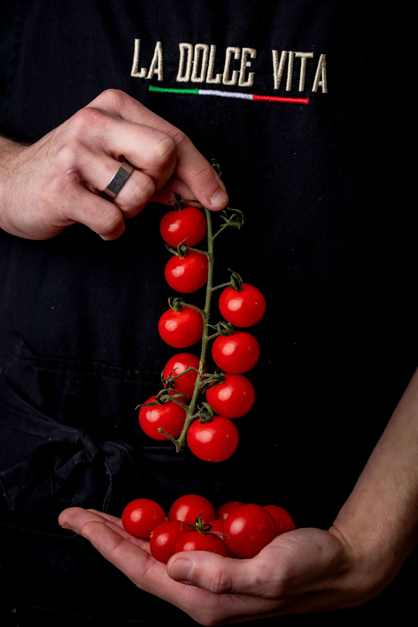 Grappe de tomates cerises tenue au-dessus d'une main
